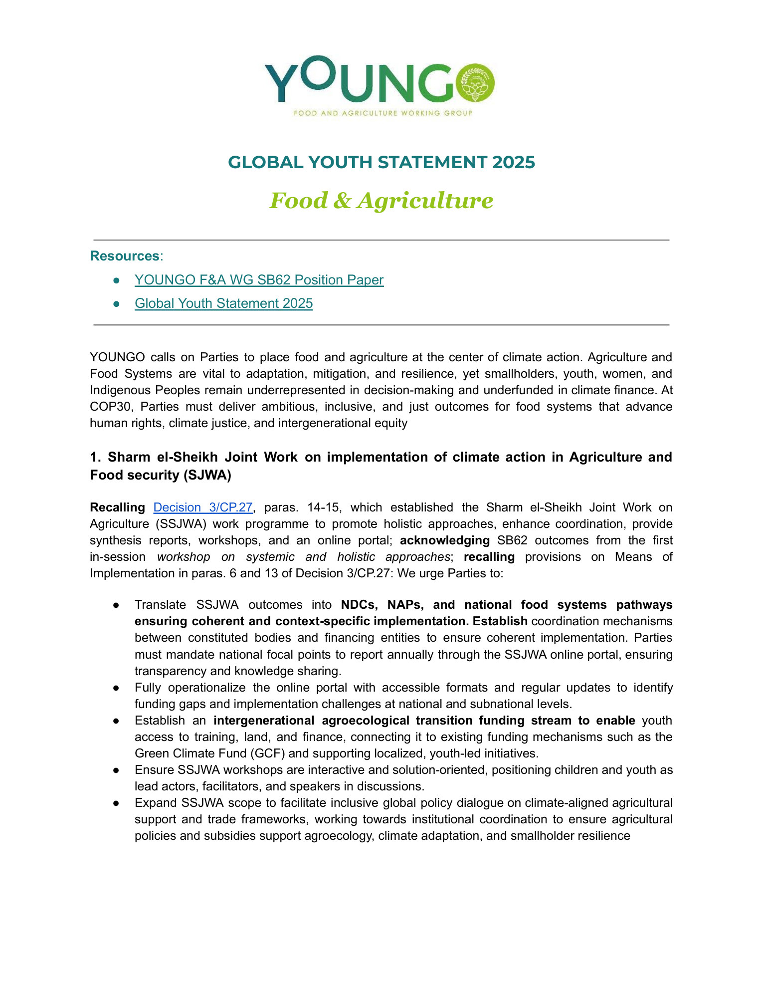 Cover of the Global Youth Statement 2025: Food & Agriculture
